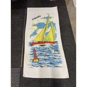 Vintage Sherry MFG Co. FLORIDA Beach Towel Sail Boat Water Bright Color STAINS